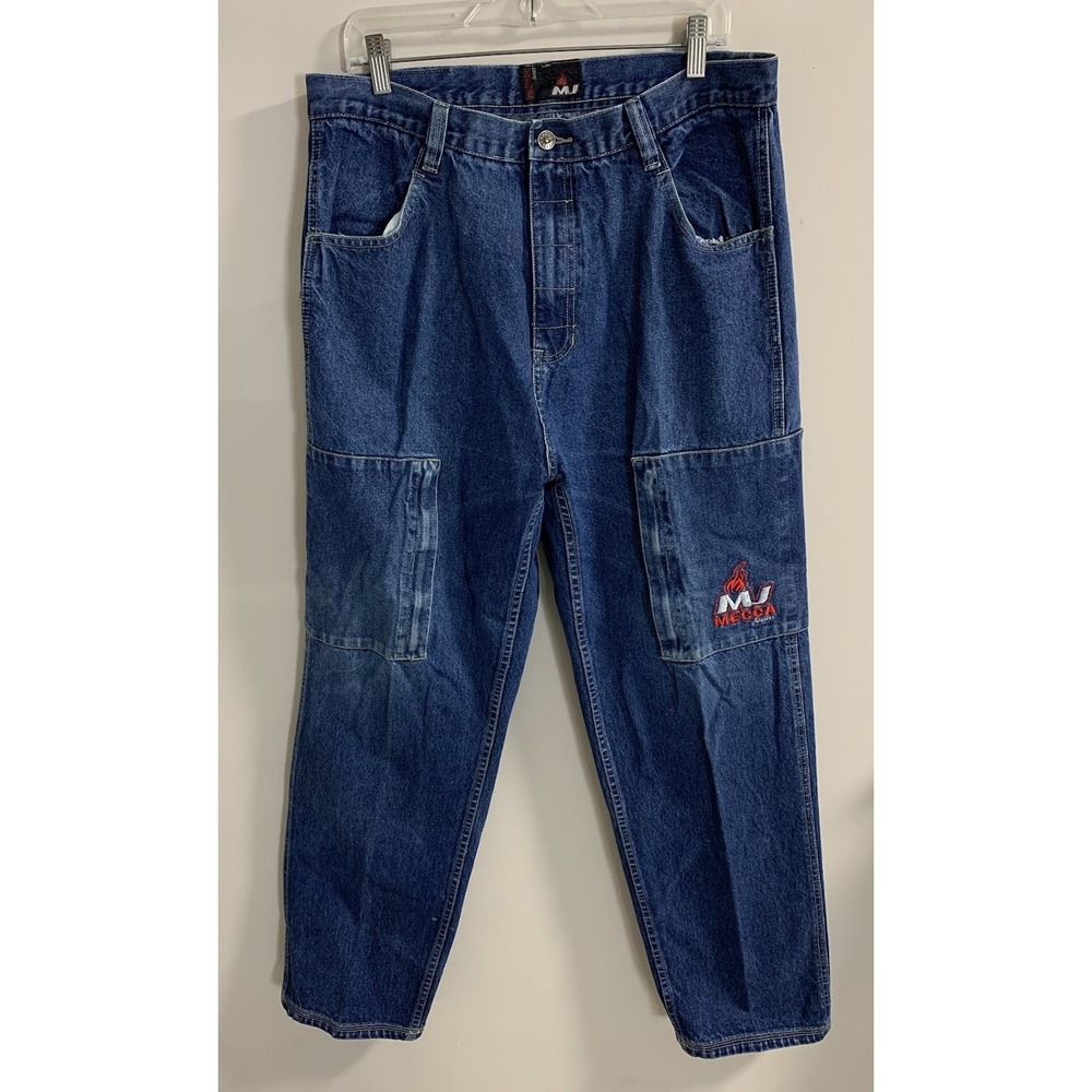 VTG Mecca Jeans Baggy Men 36x32 Skate Cargo Zip Pockets Hip Hop Embroidered Y2K